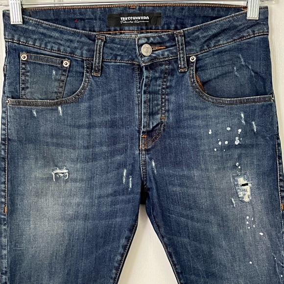 Takeshy Kurosawa Distressed Paint Splattered Jeans Button Fly Mens 32 Stretch - Picture 2 of 16